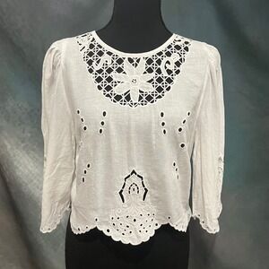 HM White Linen Blend Eyelet Crochet Blouse 3/4 Puff Sleeve Scalloped Crop Top M